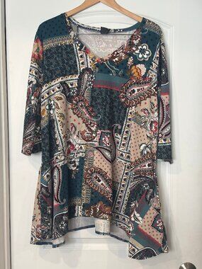 Lildy Boho Patchwork Paisley Tunic Top – Size 2XL/3XL (V-Neck, Asymmetric Hem)